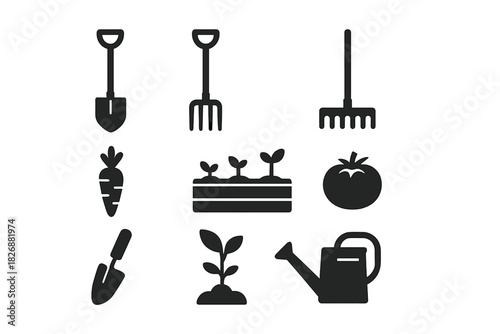 Essential gardening tools and growing vegetables silhouette collection