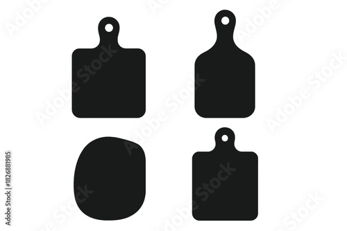 Collection of black silhouette icons of various kitchen cutting board shapes