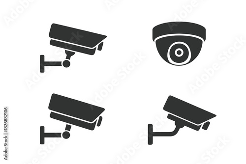 Set of black silhouette icons depicting various types of closed-circuit television security cameras