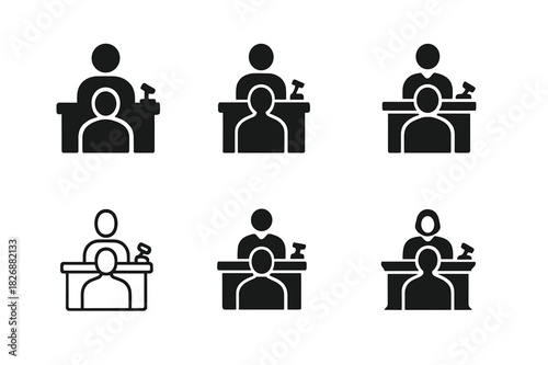 Courtroom Logo Variations. Courtroom scene with defendant. Icon set. Set Logo of courtroom: defendant facing judge. harmonious logo variations of the same