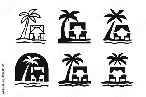 Wedding Logo Variations. Destination weddings and honeymoon destinations. Icon set. Set Logo of destination weddings: tropical beach ceremony. harmonious logo