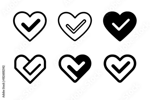 Ethical Branding Icons. Ethical branding. Icon set. Set Logo of ethical branding: heart with checkmark. harmonious logo variations of the same emblematic