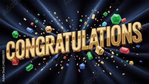 Ultra-realistic 3D design, bold glossy gold 'CONGRATULATIONS' letters, dynamic colorful confetti, deep black velvet background, cinematic lighting, high-resolution, luminous vibrant celebration scene.