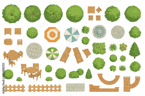 Top view collection of landscape design elements including trees, bushes, and patio furniture