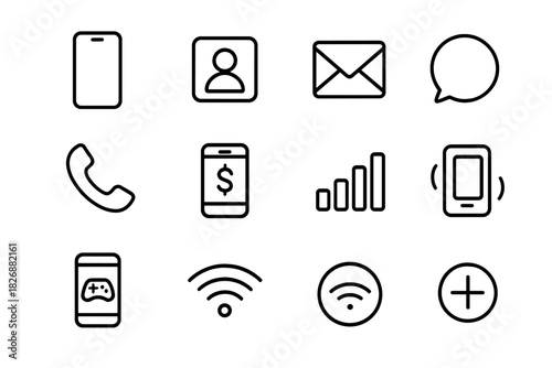 Minimalist outline symbols for mobile devices, contacts, messaging, signal, and wireless connection