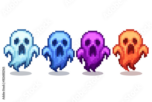Four colorful screaming pixel art ghosts floating in a row for retro video game assets