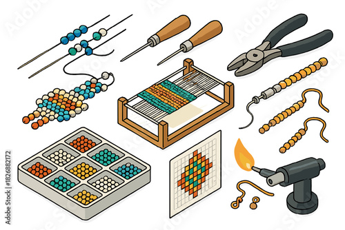 Jewelry making and crafting tools set including beads, loom, pliers, and torch