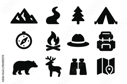 National Park Icons. National parks. Solid icon set of national parks: mountain, river, tree, tent, compass, campfire, ranger hat, backpack, bear, deer,