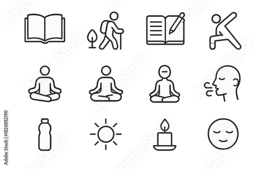 Digital-Free Icon Set. Digital-Free Activities. Line icon set of Digital-Free Activities: book reading, nature walk, journaling, yoga, meditation, stretching,