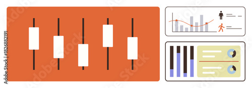 Candlestick chart indicating market trends, dashboards featuring bar graphs, pie charts, and analytics metrics. Ideal for finance, stock trading, data monitoring, business analysis, market research