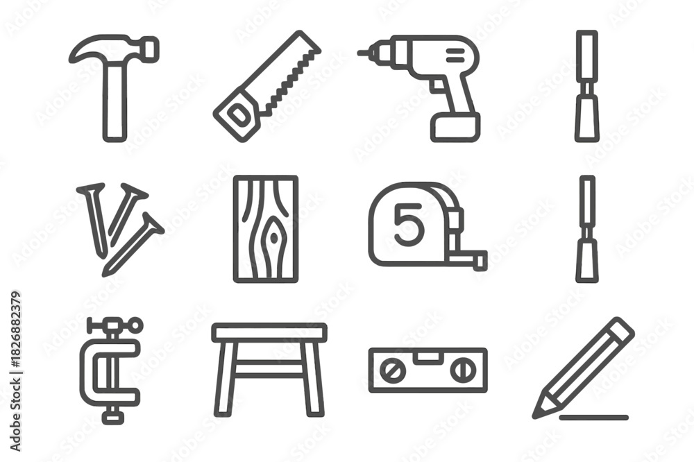 Fototapeta premium Carpentry Tools Icons. Carpentry Tools. Line icon set of Carpentry Tools: hammer, saw, drill, screwdriver, nails, wood plank, measuring tape, chisel, clamp,