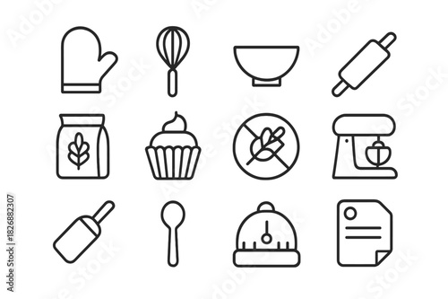 Allergy-Free Baking Icons. Safe baking for allergies. Line icon set of safe baking for allergies: oven mitt, whisk, bowl, rolling pin, flour bag, cupcake,