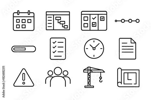 Project Management Icons. Project management tools. Line icon set of Project management tools: calendar, Gantt chart, task board, timeline, progress bar,