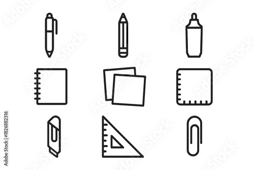 Set of linear black icons representing essential school supplies and stationery