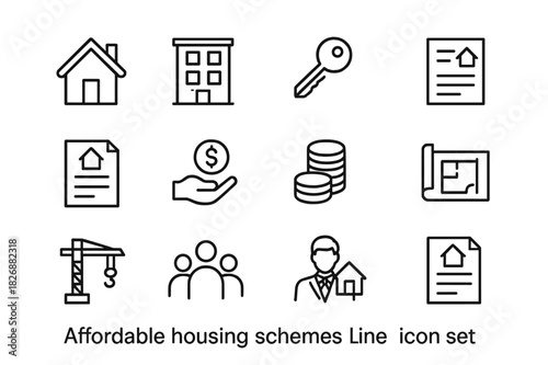 Affordable Housing Icons. Affordable housing schemes. Line icon set of Affordable housing schemes: small house, apartment block, house key, rent contract,