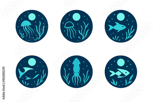Bioluminescent Marine Logos. Marine life under moonlit waters. Icon set. Set Logo of marine life under moonlit waters: bioluminescent creatures. harmonious