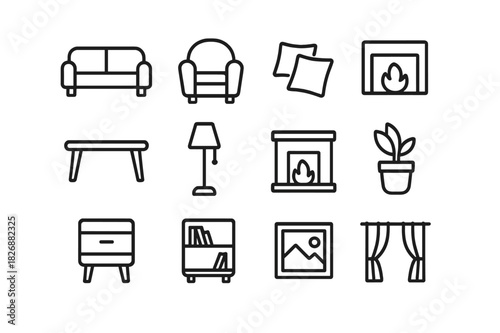 Relaxed Home Icons. Relaxed Home. Line icon set of Relaxed Home: sofa, armchair, cushions, rug, coffee table, floor lamp, fireplace, potted plant, side table,