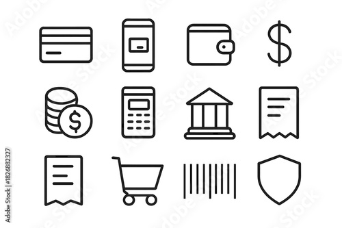Cashless Payment Icons. Cashless payments. Line icon set of cashless payments: credit card, mobile phone, wallet, dollar sign, coin stack, terminal, bank,