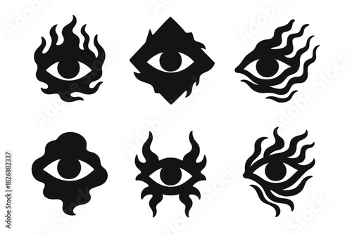 Whispering Eye Logos. Whispers of torment in the air. Icon set. Set Logo of whispers of torment in the air: haunted eye in shadows. harmonious logo variations