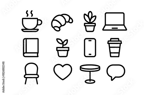 Coffee Shop Icons. Coffee shop hangout. Line icon set of coffee shop hangout: coffee cup, croissant, laptop, book, plant, phone, chair, table, to-go cup,
