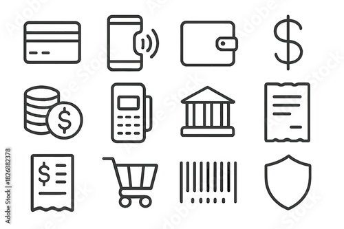 Cashless Payment Icons. Cashless payments. Line icon set of cashless payments: credit card, mobile phone, wallet, dollar sign, coin stack, terminal, bank,