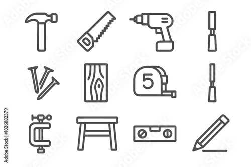 Carpentry Tools Icons. Carpentry Tools. Line icon set of Carpentry Tools: hammer, saw, drill, screwdriver, nails, wood plank, measuring tape, chisel, clamp,