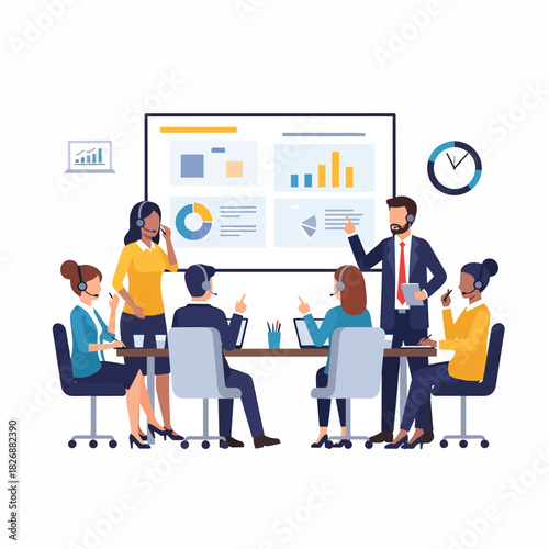 Diverse team of professionals in a meeting looking at a presentation on a whiteboard
