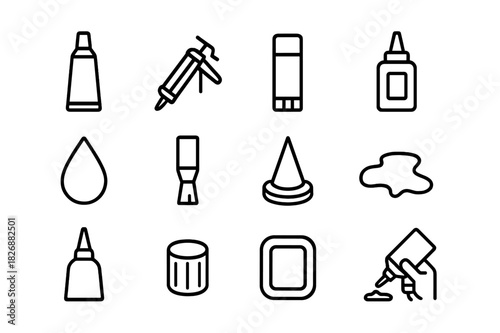 Adhesive Tools Icons. Adhesive tools. Line icon set of Adhesive tools: glue tube, caulking gun, glue stick, adhesive bottle, glue drop, glue brush, nozzle tip,