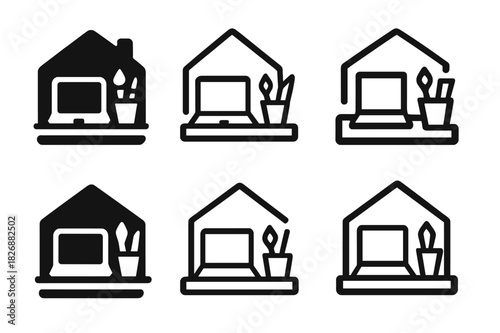 Creative Home Project Icons. Working on a creative project from home. Icon set. Set Logo of working on a creative project from home: Desk with art supplies and