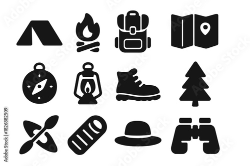 Camping Adventure Icons. Summer Outdoor Fun. Solid icon set of tent, campfire, backpack, map, compass, lantern, hiking boots, tree, canoe, sleeping bag, hat,