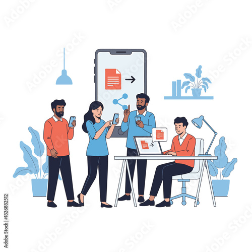 Diverse team of professionals sharing data using smartphones and laptops in a modern office environment