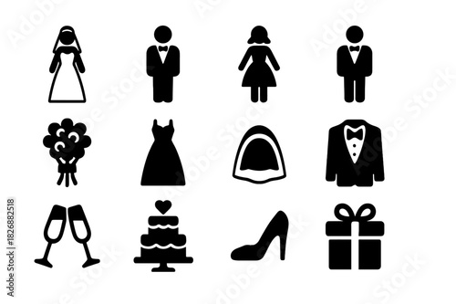 Wedding Icon Set. Wedding party. Solid icon set of Wedding party: bride, groom, bridesmaid, groomsman, bouquet, wedding dress, veil, tuxedo, champagne glasses,