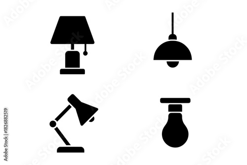 Essential lighting fixtures and electric bulb icons for home and illumination