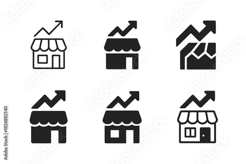 Small Business Icons. small business growth and challenges. Icon set. Set Logo of small business growth and challenges: upward arrow with store icon.