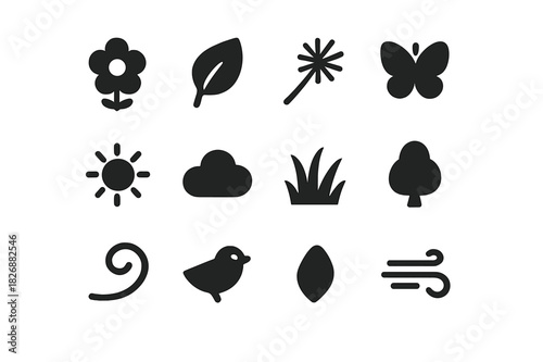 Spring Breeze Icons. Spring breeze. Solid icon set of spring breeze: flower, leaf, dandelion, butterfly, sun, cloud, grass, tree, swirl, bird, petal, wind