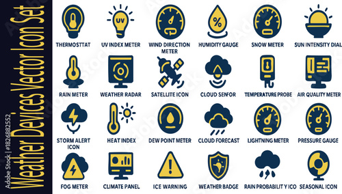 Weather Devices Icon Set: A comprehensive collection of meticulously crafted icons, each representing a distinct aspect of weather observation and measurement, presented with clarity and precision.