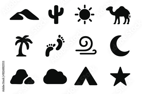 Desert Icon Grid. Desert Dunes. Solid icon set of Desert Dunes: sand dune, cactus, sun, camel, palm tree, footprints, wind swirl, moon, rock, cloud, tent,