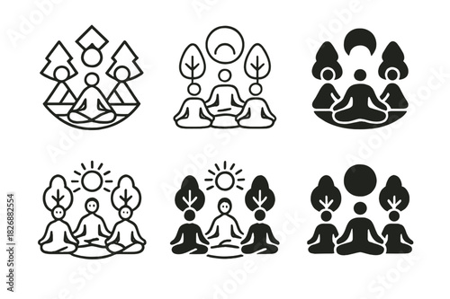 Outdoor Yoga Icons. outdoor yoga meetups. Icon set. Set Logo of outdoor yoga meetups: group meditation circle. harmonious logo variations of the same