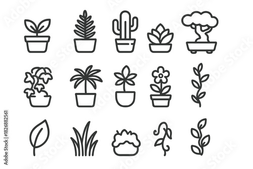 Indoor Plant Icons. Indoor plants. Line icon set of Indoor plants: potted plant, fern, cactus, bonsai, ivy, palm, succulent, flowering plant, moss, leaf,