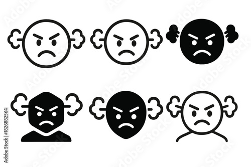 Frustrated Emoji Logos. steam coming from ears. Icon set. Set Logo of steam coming from ears: frustrated emoji. harmonious logo variations of the