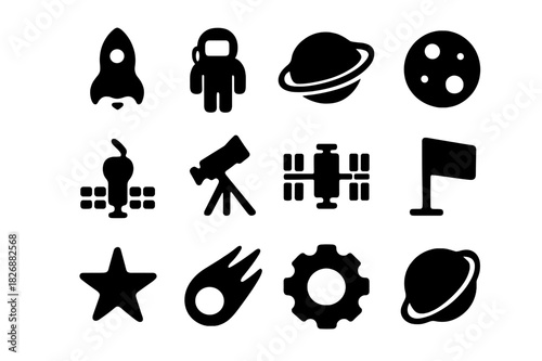 Space Exploration Icons. Space exploration. Solid icon set of space exploration: rocket, astronaut, planet, moon, satellite, telescope, space station, flag,