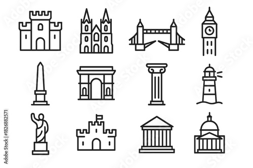 Historic Landmark Icons. Historic landmarks. Line icon set of historic landmarks: castle, cathedral, bridge, clock tower, monument, gate, column, lighthouse,