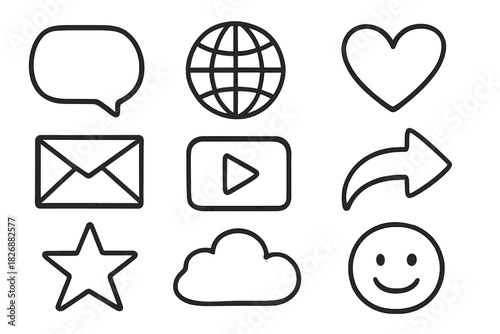Distressed hand drawn social media icons set including chat, heart, mail, play, share, and star symbols