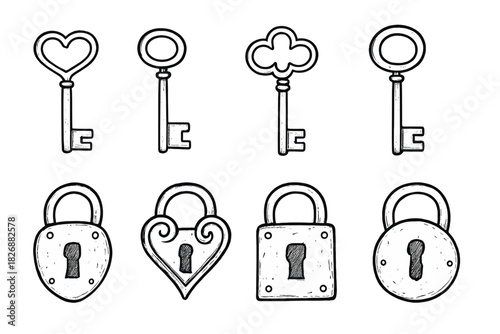 Vintage skeleton keys and antique padlocks in sketchy hand drawn style