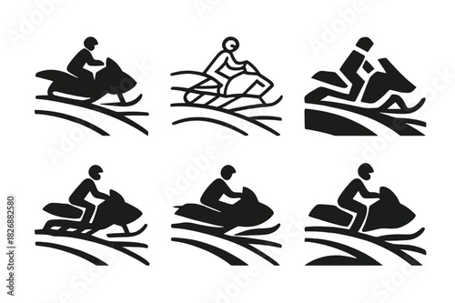 Snowmobile Logo Variations. people riding snowmobiles across snowy fields. Icon set. Set Logo of people riding snowmobiles across snowy fields: frozen field