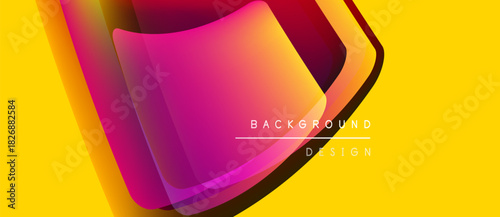Abstract vibrant layers overlap yellow backdrop. Modern design features smooth gradients, text elements. Bold colors create dynamic visual impact.