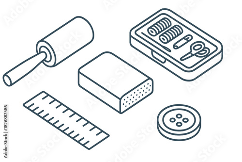Essential sewing and tailoring supplies including thread, scissors, ruler, and lint roller