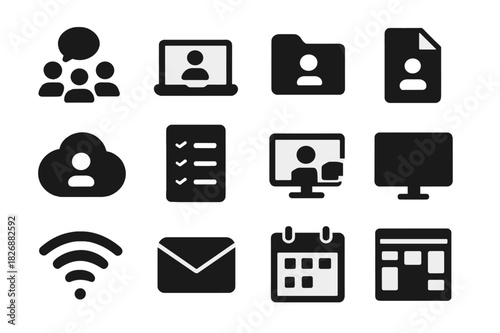 Remote Work Icons. Remote teamwork. Solid icon set of remote teamwork: group chat, laptop screen, shared folder, document, cloud icon, checklist, video call,