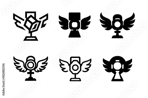 Cosplay Logo Variations. Cosplay photography studio. Icon set. Set Logo of cosplay photography: stage spotlight with wings. harmonious logo variations of the