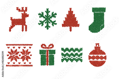 Festive Christmas holiday icons created from red and green glitter hearts on white background